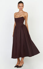 Amara Midi Dress - Strapless Fit And Flare Dress in Chocolate