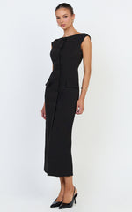 Calista Midi Dress - Boat Neck Button Down Pencil Dress in Black