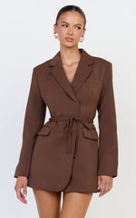 Harlee Mini Dress - Belted Cinch Waist Blazer Dress in Mocha