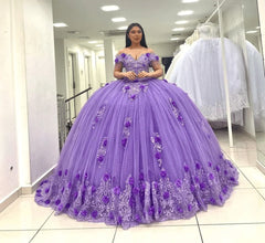 Ball Gown Lace Off-the-Shoulder Lavender Quinceanera Dress