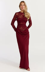 Crisanta Maxi Dress - Long Sleeve Contrast Lace Bodycon Dress in Wine