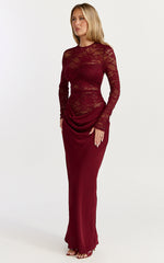 Crisanta Maxi Dress - Long Sleeve Contrast Lace Bodycon Dress in Wine