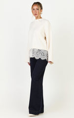 Cora Jumper - Crew Neck Knit Sweater With Lace Trim in Cream