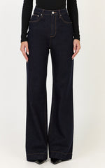 Emman Jeans - High Waisted Cotton Wide Leg Denim Jeans in Raw Denim with Tobacco Stitch