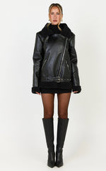 Isolde Jacket - Faux Leather Shearling Biker Jacket in Black Base with Black Borg