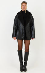 Esme Coat - Double Breasted Belted Faux Leather Faux Fur Lined Jacket in Black