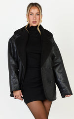 Esme Coat - Double Breasted Belted Faux Leather Faux Fur Lined Jacket in Black