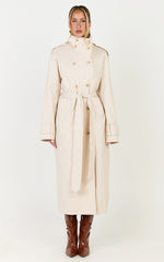 Isla Coat - Funnel Neck Double Breasted Longline Trench Coat in Stone
