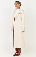 Isla Coat - Funnel Neck Double Breasted Longline Trench Coat in Stone