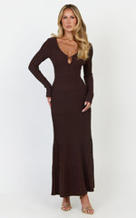 Maris Midi Dress - Keyhole and Hardware Neckline Long Sleeve Flared Dress in Choc