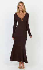 Maris Midi Dress - Keyhole and Hardware Neckline Long Sleeve Flared Dress in Choc