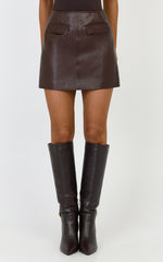 Lumi Mini Skirt - Faux Leather Pocket Detail Mini Skirt in Chocolate