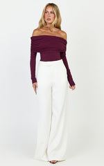 Jolie Top - Off Shoulder Long Sleeve Gathered Top in Wine