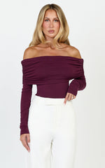 Jolie Top - Off Shoulder Long Sleeve Gathered Top in Wine