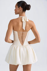 Halterneck Lace-Up Bubble Hem Corset Micro Mini Dress In Ivory