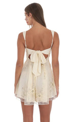 Floral Gold Sequin Fit and Flare Dress in Ivory