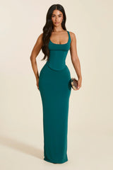 The Sandra Scoop Corset Maxi Dress in Teal