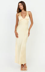 Khalani Midi Dress - Deep V Neck Satin Slip Dress in Butter Yellow