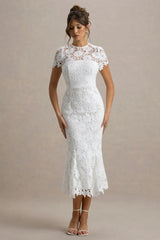 Clarissa | White Lace Short-Sleeve Pleated Midi Dress