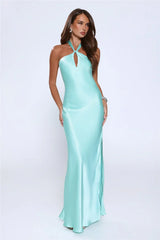Rule Her World Halter Satin Maxi Dress Aqua