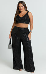 Abela Two Piece Set - Crop Top and Wide Leg Pants Set in Black Sequin