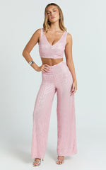Abela Two Piece Set - Crop Top and Wide Leg Pants Set in Pink Sequin