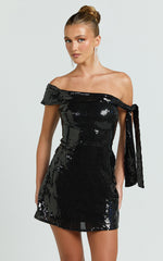 Ace Mini Dress - Sequin Off Shoulder Tie Detail Dress in Black