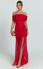 Alanna Maxi Dress - Off Shoulder Ruched Mesh Dress in Red