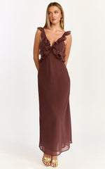 Alessa Midi Dress - V Neck Frill Detail Empire Waist Back Cut Out Dress in Brown