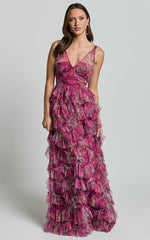 Amalie The Label - Josette Tulle Tiered Maxi Dress in Pink Floral