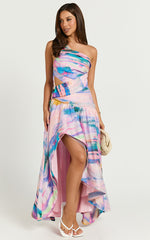 Amalie The Label - Keziah One Shoulder Asymmetric Maxi Dress in Abstract Sunset Print