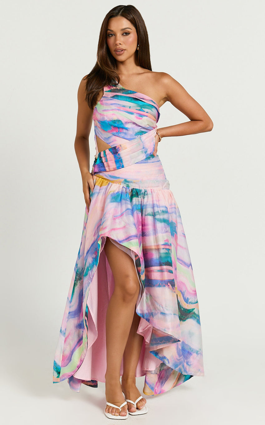 Amalie The Label - Keziah One Shoulder Asymmetric Maxi Dress in Abstract Sunset Print