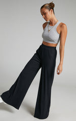 Amalthea Pants - High Waisted Jersey Rib Wide Leg Pants in Black