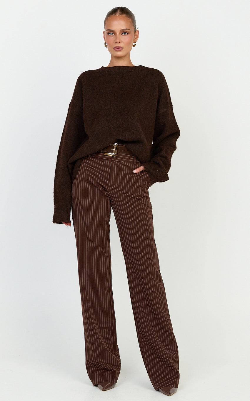 Amanda Jumper - Crew Neck Long Sleeve Knit Sweater in Chocolate