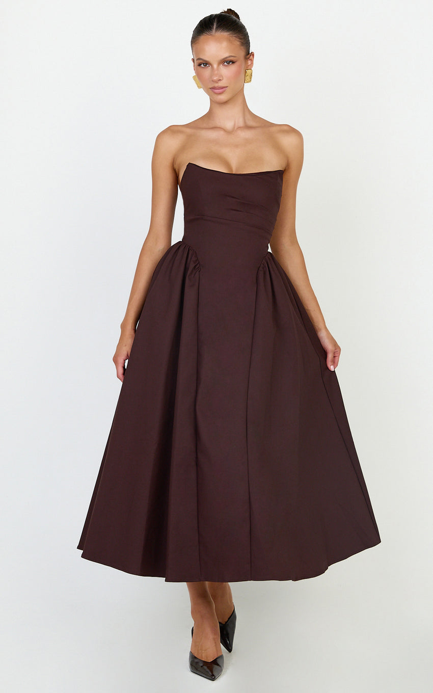 Amara Midi Dress - Strapless Fit And Flare Dress in Chocolate