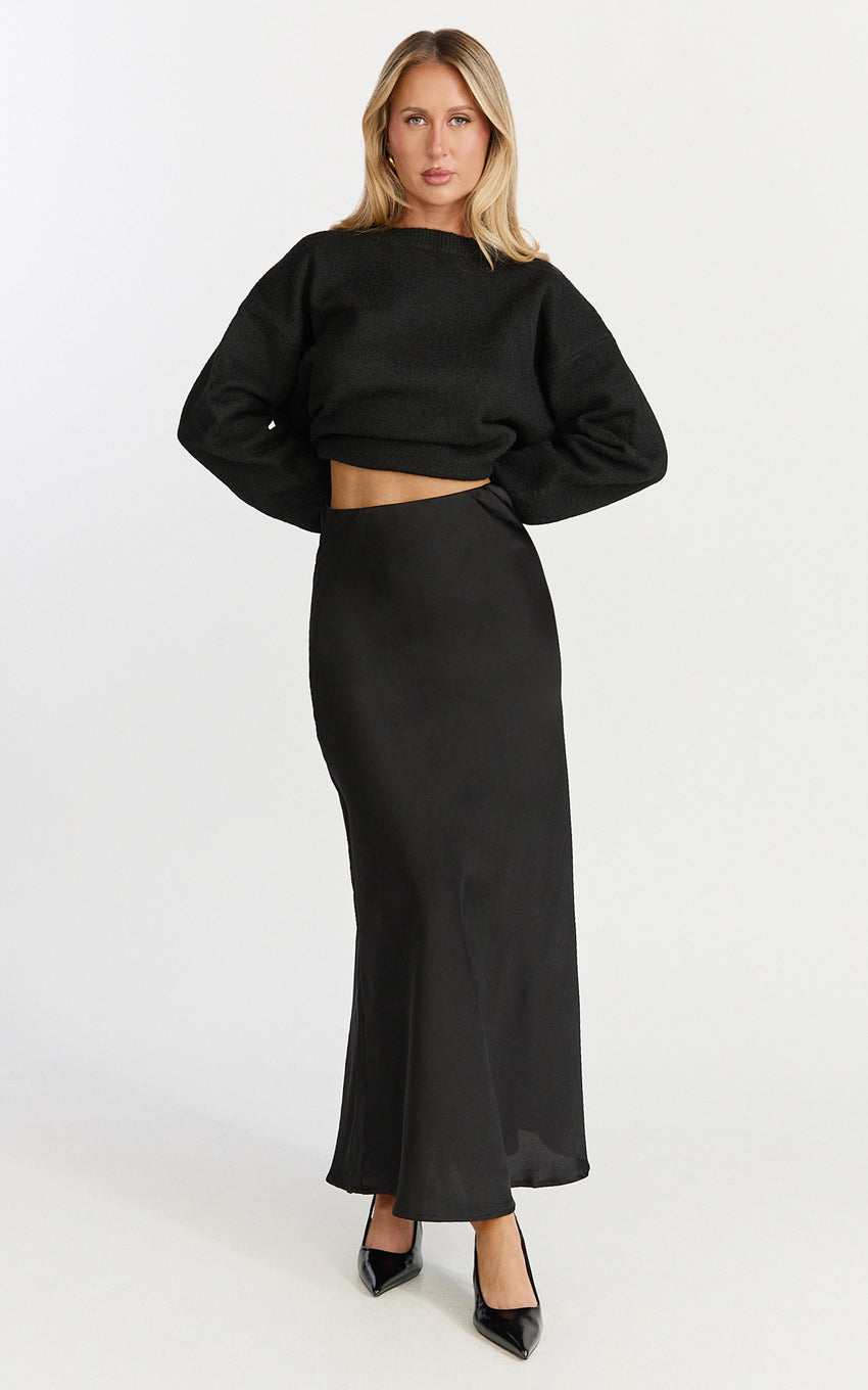 Amari Maxi Skirt - High Waisted Bias Cut Skirt in Black