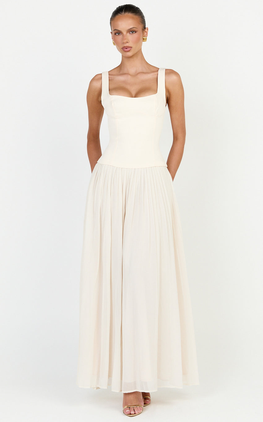 Amoura Maxi Dress - Square Neck Contrast Pleated Georgette Dress in Cream