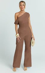 Annalie Two Piece Top and Pants Set - Off Shoulder Linen Set in Mocha