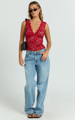 Antonia Top - V Neck Lace Detail Top in Dark Red