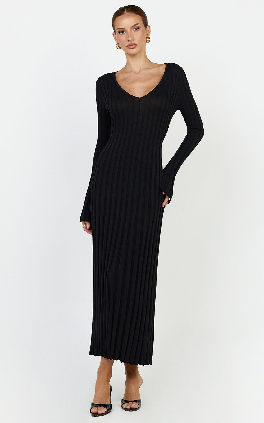 Astra Maxi Dress - V Neck Long Sleeve Knit Dress in Black