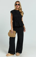 Auric Two Piece Set - Ruched Detail Top and Wide Leg Pants Set in Black