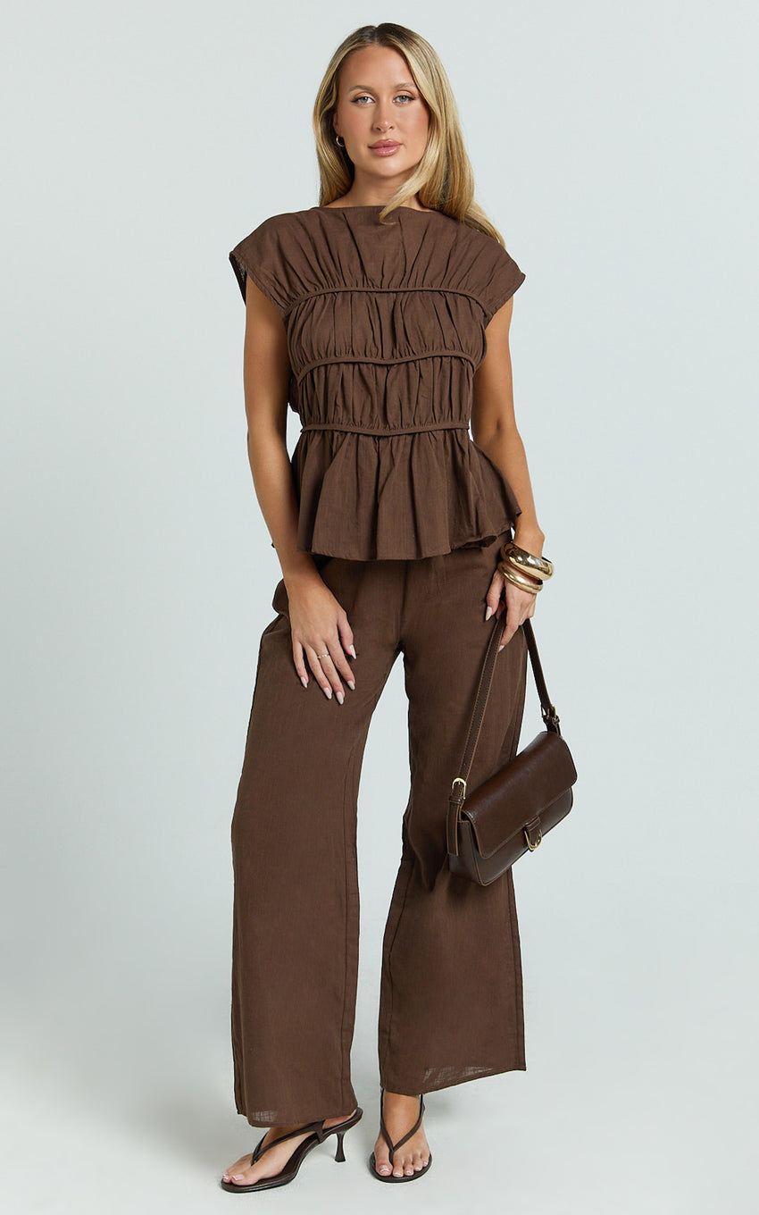 Auric Two Piece Set - Ruched Detail Top and Wide Leg Pants Set in Brown