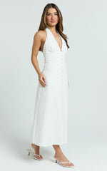 Beata Midi Dress - Plunge Halter A Line Dress in White