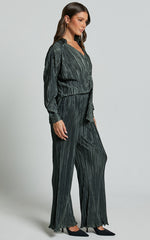 Beca Pants - High Waisted Plisse Flared Pants in Olive