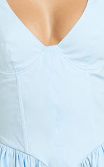 Beckett Midi Dress - Scoop Neck Drop V Waist Gathered Skirt Dress in Blue
