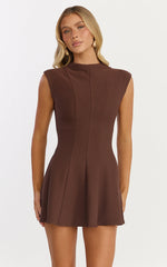 Becky Mini Dress - High Neck Sleeveless Fit And Flare Dress in Chocolate