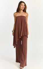 Bella Two Piece Top and Pants Set - Long Line Assym Top And Wide Leg Pants Set in Chocolate