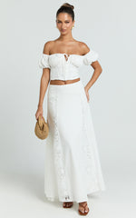 Belle Two Piece Set - Off Shoulder Top and Maxi Skirt Set in White