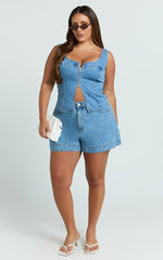 Bellerose Top - Front Zip Denim Fitted Top in Mid Blue