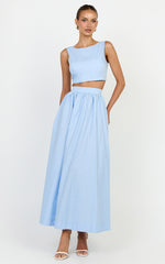 Billie Two Piece Top and Skirt Set - Tie Back Top with Full Maxi Skirt in Blue